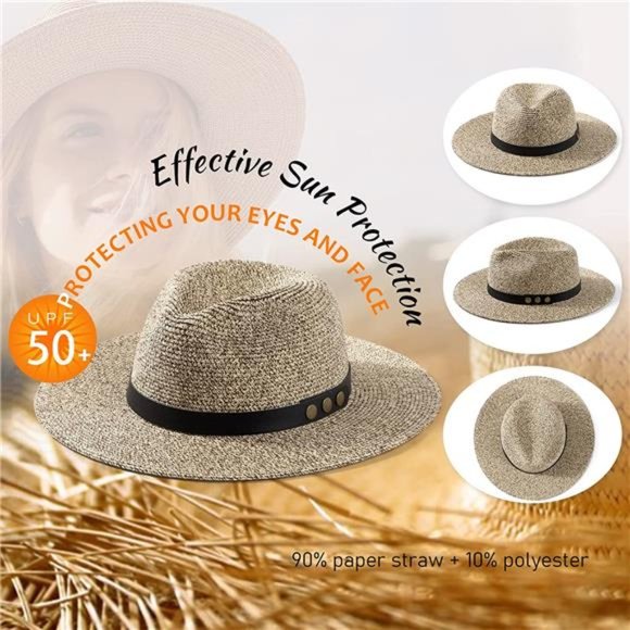 Women\'s Wide Brim Panama Straw Sun Hat Foldable Summer Flat Hats Belt Fedora main image 5
